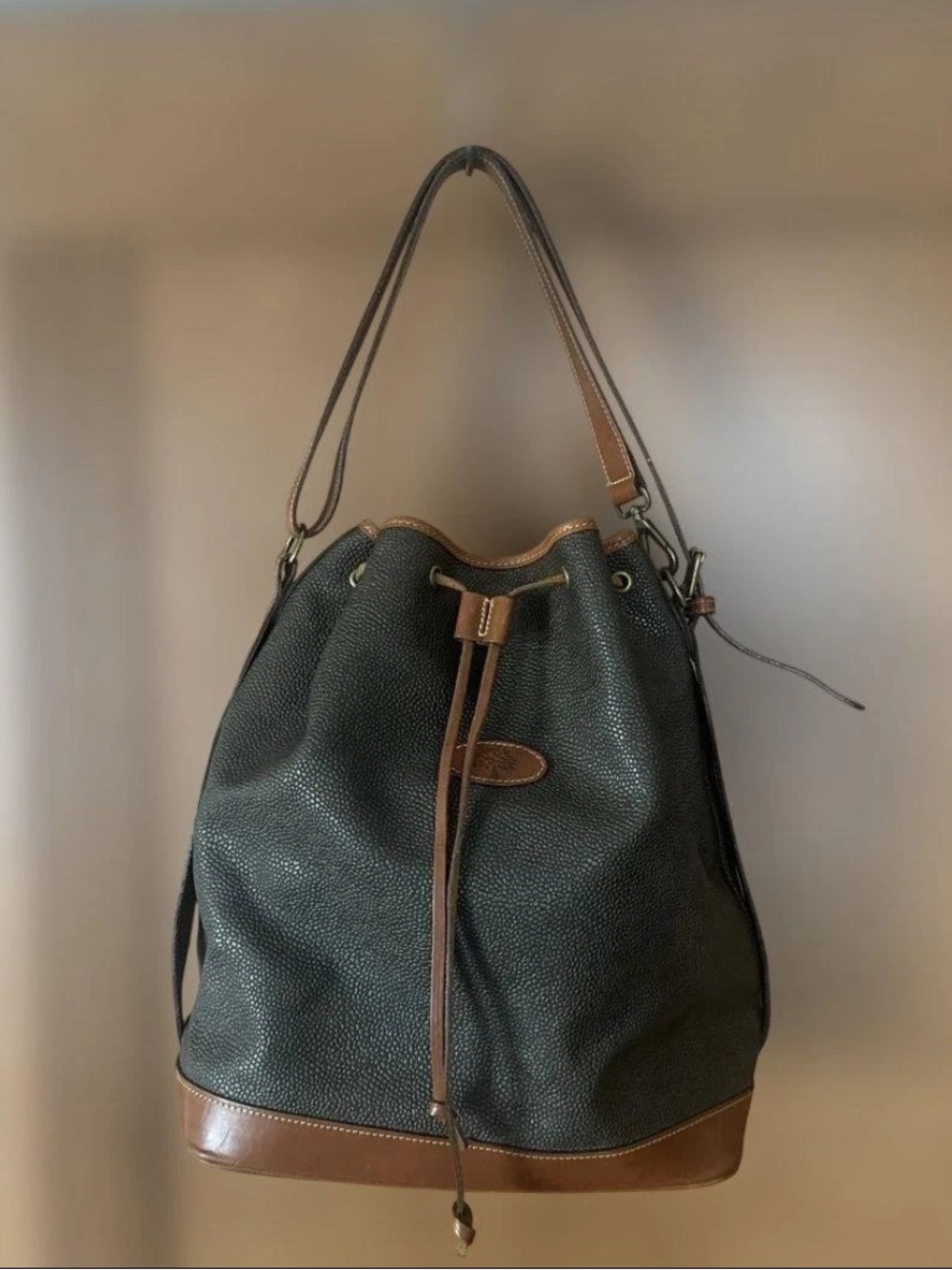 Mulberry Dark Green Pebbled Leather Drawstring Hobo with Brown Trim